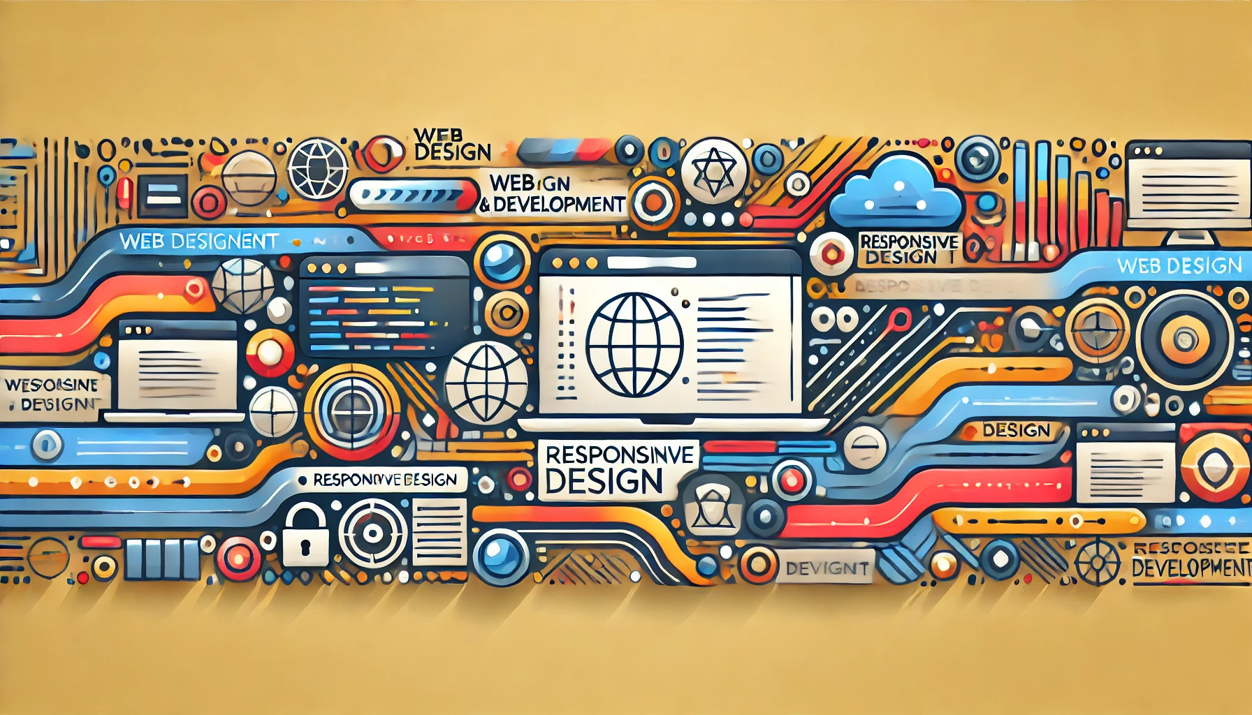 A long, rectangular abstract design related to web design and development, featuring elements like website layouts, coding symbols, responsive design icons, and digital connections. The design should be modern, clean, and vibrant, using abstract shapes and lines that represent the web development ecosystem, without a gold background.