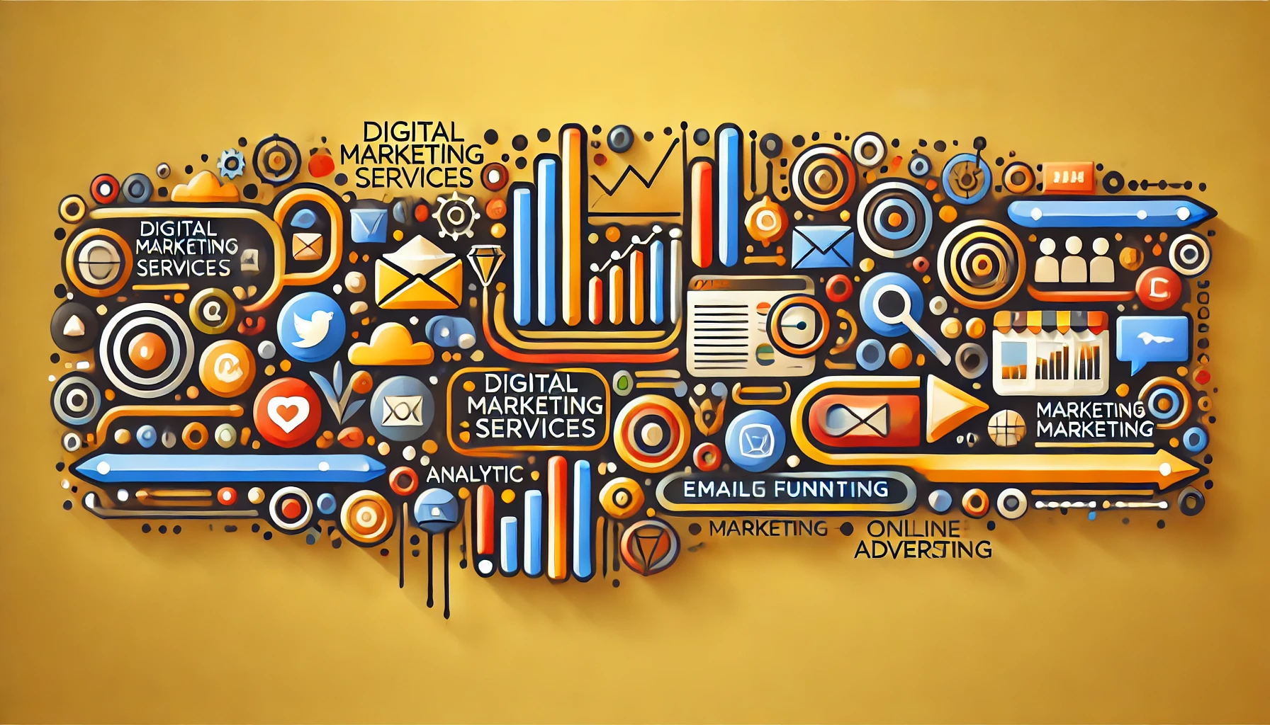 A long, rectangular abstract design representing digital marketing services, featuring elements like social media icons, analytics, marketing funnels, email marketing, and online advertising, with abstract shapes and lines. The design should be modern and vibrant, similar to the previous designs, without a gold background.