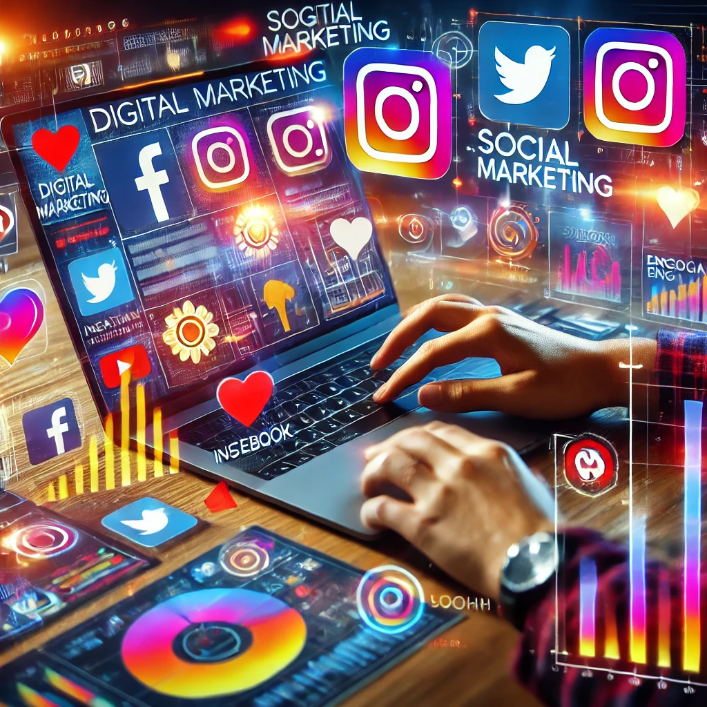 A vibrant image showcasing digital marketing and social media strategies. A person is working on a laptop with multiple screens displaying social media icons like Instagram, Facebook, and Twitter. There are graphs and charts depicting analytics and engagement metrics. The scene is modern, with colorful charts, icons, and a dynamic atmosphere representing interaction and online engagement.