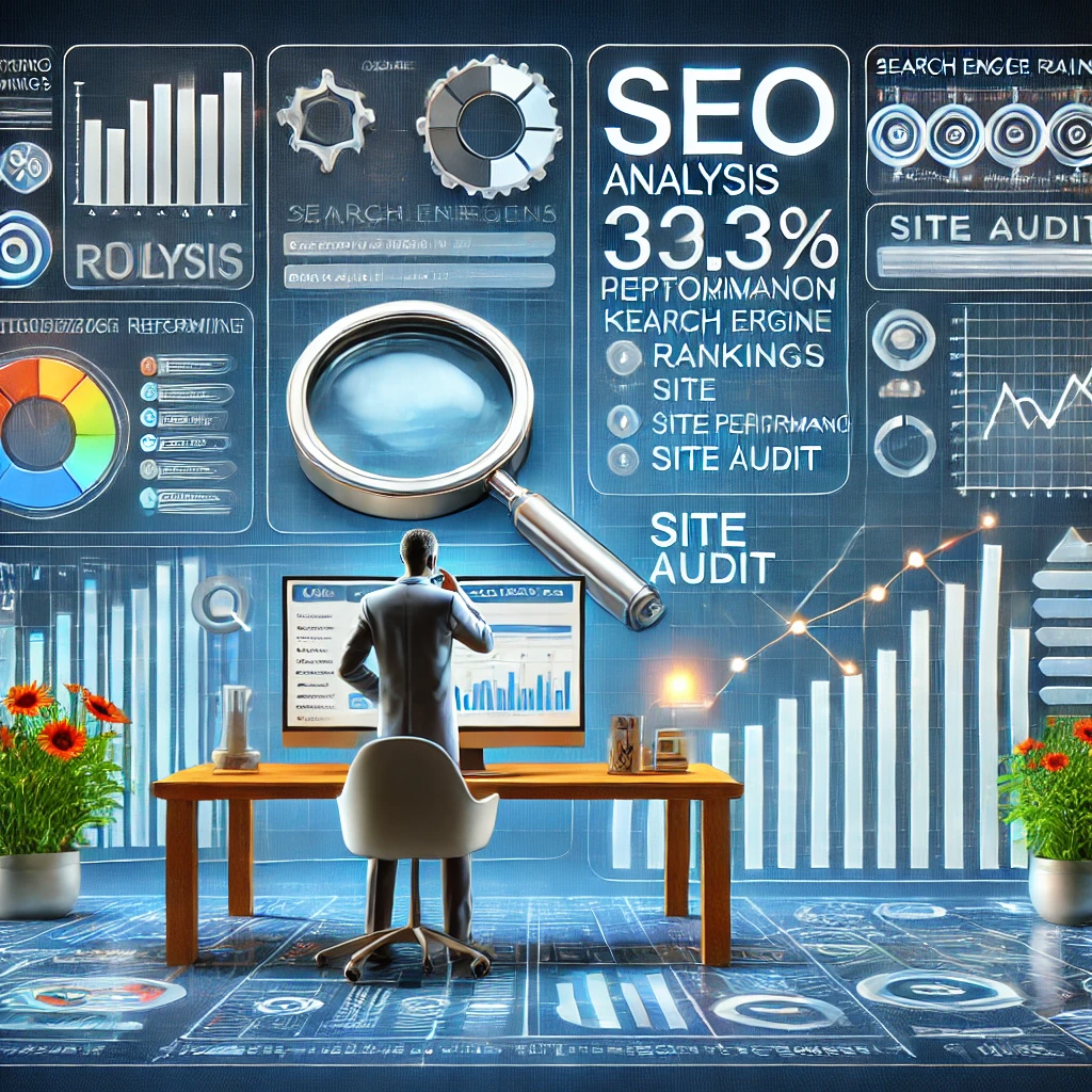 An image representing SEO analysis and optimization. A person is analyzing data on a large screen displaying search engine rankings, keyword performance, and site audit tools. Charts and graphs show keyword trends, performance metrics, and traffic growth. The environment has a technical and analytical feel with elements like search engine logos, magnifying glasses, and detailed data reports, highlighting optimization and growth in website visibility.